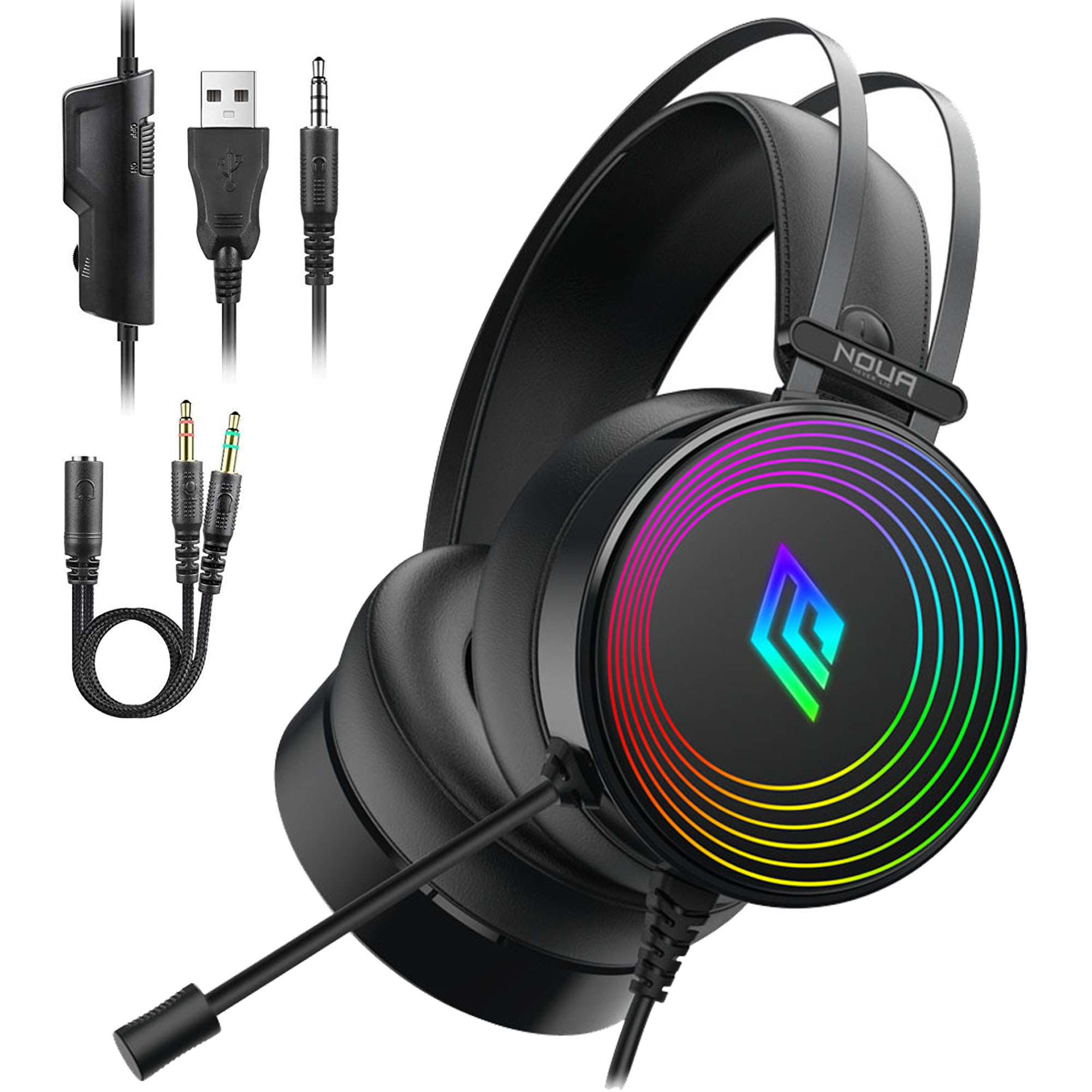 Cuffie Gaming Noua Crux Usb / Jack 3.5mm Stereo Headset con Microfono Flessibile Omnidirezionale  & Illuminazione Rainbow Auto